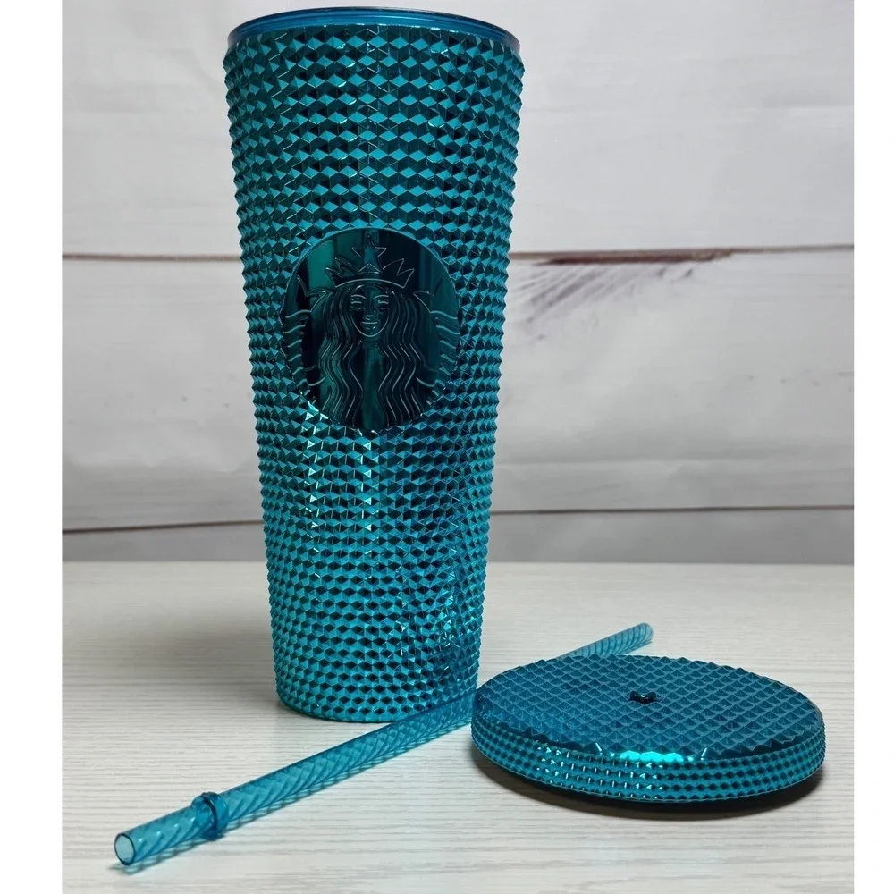 NWT / Starbucks Teal/Turquiose Studded Tumbler with Straw‎ / Sku0074